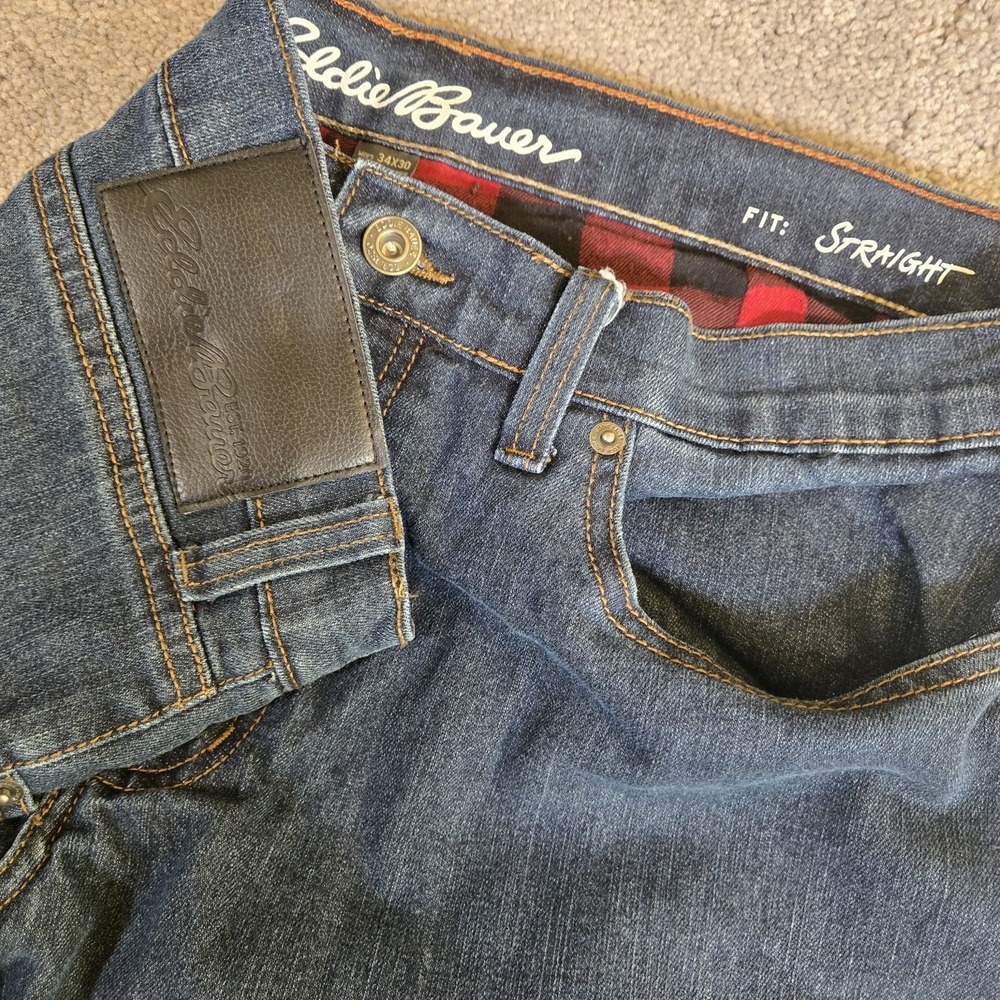 Eddie Bauer Men 34x30‎ (Hemmed) Plaid Flannel Lined Denim Jeans Straight Leg